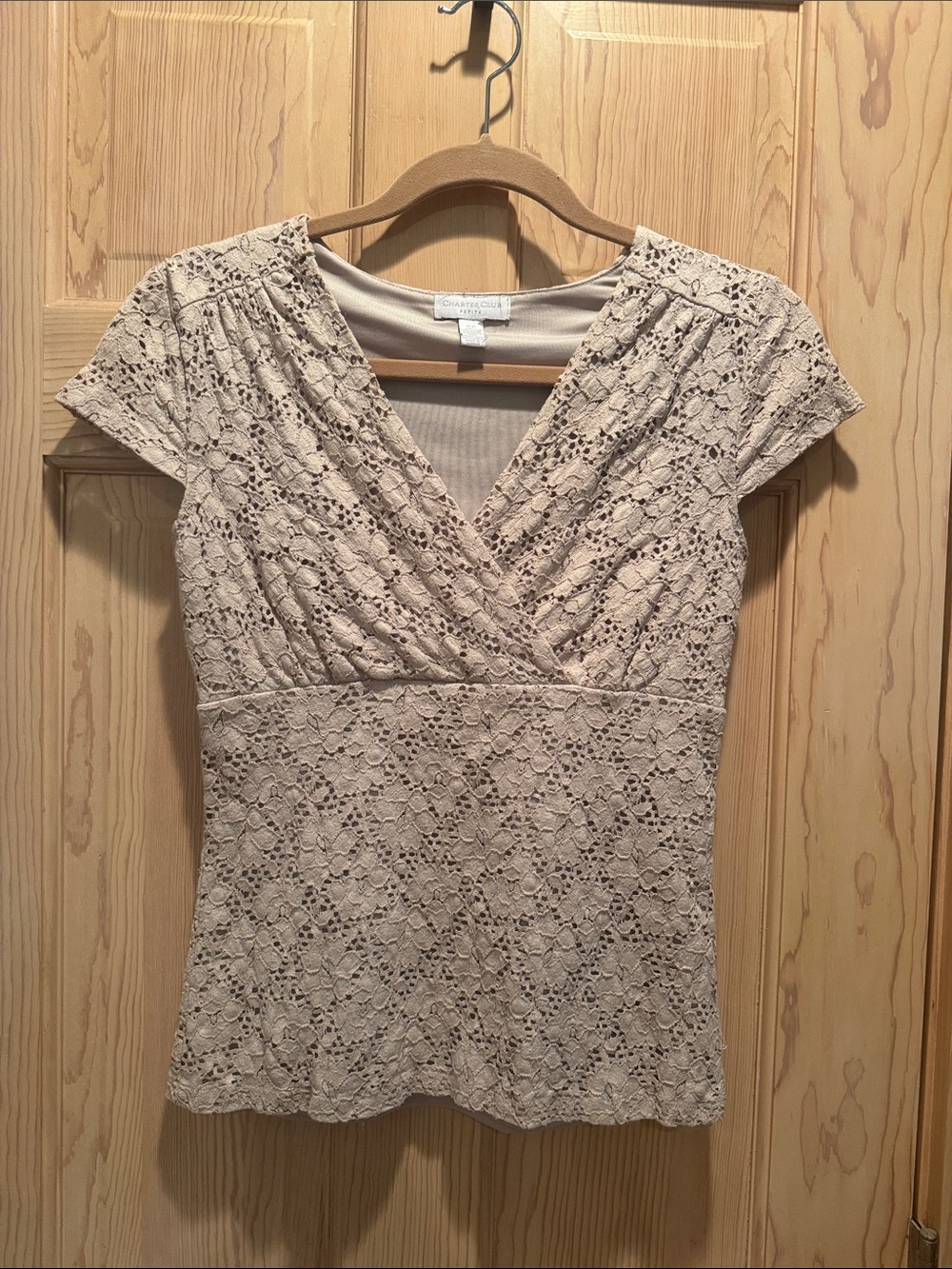 Charter Club Beige Lace Surplice V-Neck Top